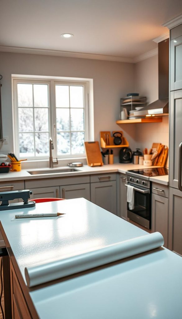 A modern, well-lit kitchen workspace with a warm, cozy atmosphere. In the foreground, a KlickKiste workstation showcases the process of applying a decorative foil to kitchen cabinets, the surface gleaming with a smooth, uniform finish. In the middle ground, various tools and materials are neatly organized, reflecting a DIY approach. The background features a winter-inspired scene, with soft, diffused lighting and a Pinterest-inspired aesthetic, creating an inspirational, authentic mood. A modern, well-lit kitchen workspace with a warm, cozy atmosphere. In the foreground, a KlickKiste workstation showcases the process of applying a decorative foil to kitchen cabinets, the surface gleaming with a smooth, uniform finish. In the middle ground, various tools and materials are neatly organized, reflecting a DIY approach. The background features a winter-inspired scene, with soft, diffused lighting and a Pinterest-inspired aesthetic, creating an inspirational, authentic mood.