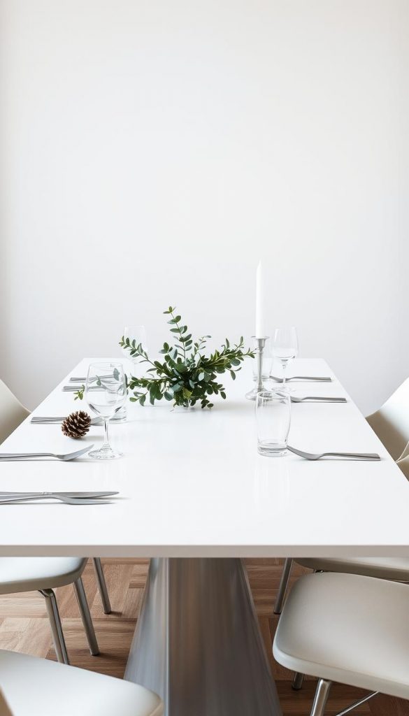 A modern white and silver table, its sleek surface reflecting the soft, diffused lighting from above. The minimalist design is accented by subtle green flourishes - a sprig of eucalyptus, a few fragrant pinecones. This KlickKiste-inspired setup exudes a sense of calm elegance, perfect for a natural, Pinterest-worthy Christmas tablescape. The warm, muted tones and winter ambiance create an inviting, authentic atmosphere.