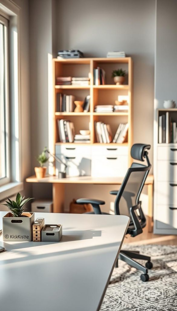 A modern workspace featuring "Smartes Access und Storage" solutions, showcasing a clean, organized desk setup. In the foreground, there is a minimalist desk with eco-friendly storage solutions from "KlickKiste," including stylish box organizers and a sleek desk plant. The middle ground shows a comfortable ergonomic chair beside the desk, with natural light streaming in through a large window, casting soft shadows. In the background, there are shelves neatly arranged with books and decorative items, adding a cozy touch. The overall atmosphere is warm and inviting, with soft winter tones creating a Pinterest-worthy look. The image captures the essence of a tidy, inspiring workspace designed to boost productivity and creativity, without any text or distractions.