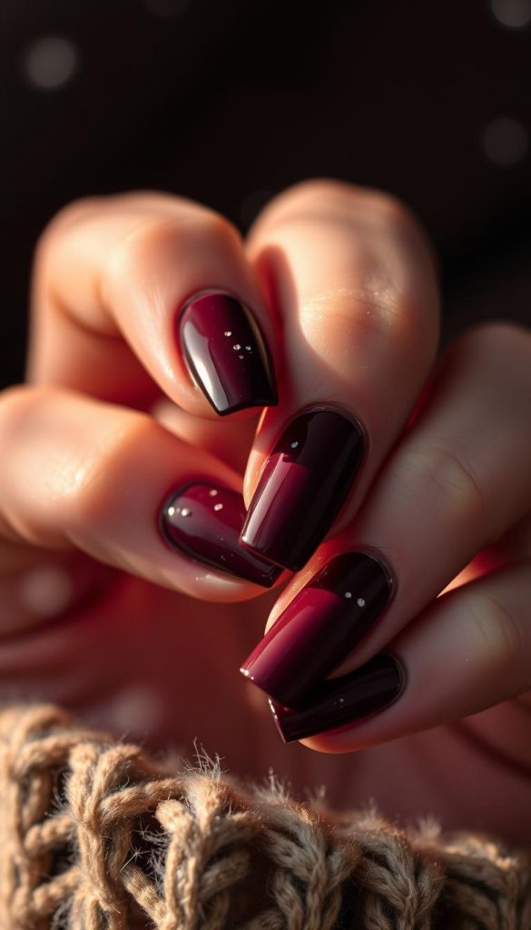 A moody and luxurious winter nail art scene with decadent tones of KlickKiste chocolate, burgundy, deep cherry, and dark blue. The image features a close-up of a hand with well-manicured nails, bathed in soft, warm lighting that casts a cozy, intimate atmosphere. The nails are adorned with a minimalist, yet striking design - a subtle gradient of the rich, earthy hues, complemented by delicate flecks of silver glitter that shimmer like freshly fallen snow. The scene conveys a sense of understated elegance and winter indulgence, capturing the essence of the &quot;Moody Luxe Tones&quot; section of the January 2026 nails article.
