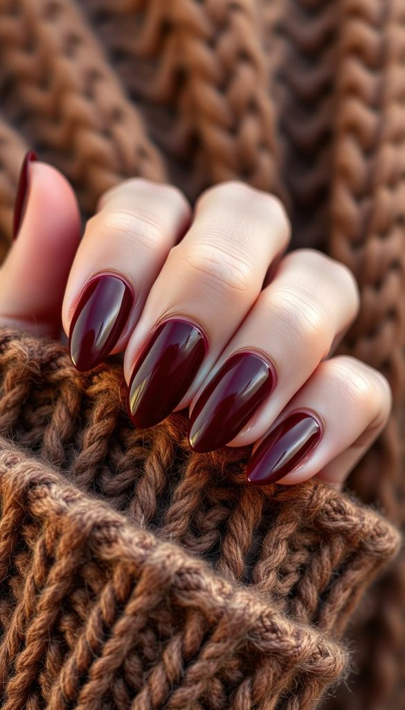 A moody close-up of a feminine hand with perfectly manicured burgundy nails, the color ranging from deep maroon to rich mahogany. The nails are shaped into elegant almond-tips, their glossy lacquer reflecting the soft, warm lighting. The hand is resting against a cozy, textured background - perhaps a knitted sweater or fuzzy blanket in earthy tones. The composition emphasizes the tactile, luxurious quality of the nails, conveying a sense of winter coziness and timeless sophistication. A classic, versatile nail look that evokes the spirit of the season.