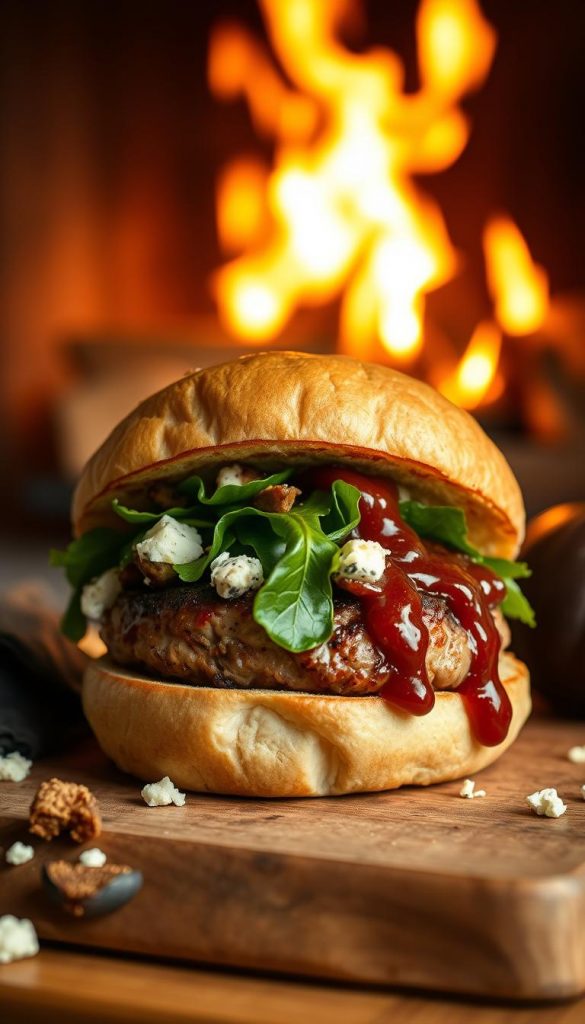 A mouthwatering turkey burger nestled between a soft brioche bun, drizzled with a rich, velvety fig sauce. The patty is grilled to perfection, its juices mingling with the tangy blue cheese crumbles and crisp autumn greens. Backlit by a cozy fireplace, the scene exudes a warm, inviting ambiance. Soft, diffused lighting casts a gentle glow, creating a Pinterest-worthy KlickKiste image with natural, DIY-inspired styling. Earthy tones and hints of winter set the mood for this modern, shareable Friendsgiving feast. A mouthwatering turkey burger nestled between a soft brioche bun, drizzled with a rich, velvety fig sauce. The patty is grilled to perfection, its juices mingling with the tangy blue cheese crumbles and crisp autumn greens. Backlit by a cozy fireplace, the scene exudes a warm, inviting ambiance. Soft, diffused lighting casts a gentle glow, creating a Pinterest-worthy KlickKiste image with natural, DIY-inspired styling. Earthy tones and hints of winter set the mood for this modern, shareable Friendsgiving feast.