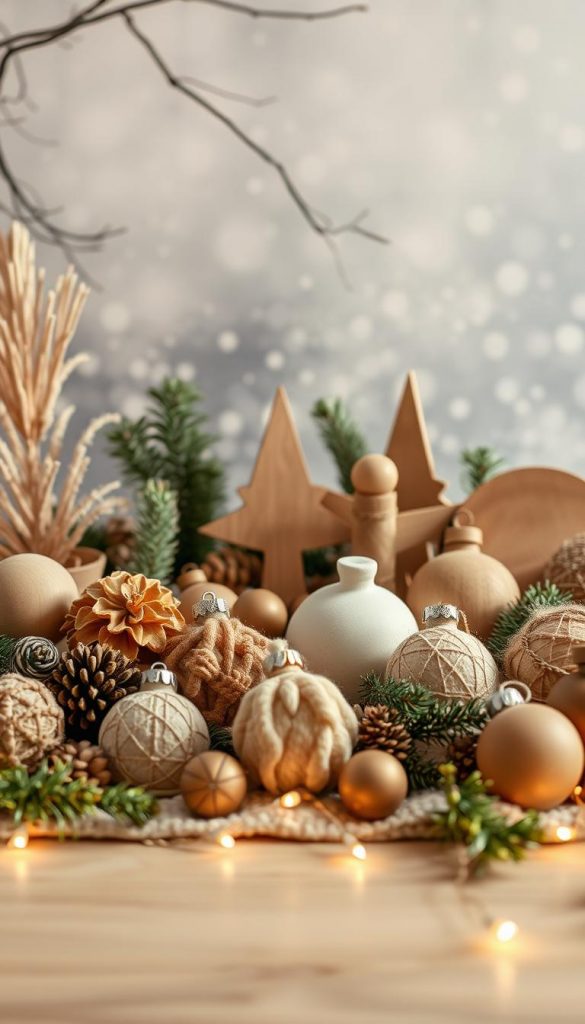 A neatly arranged collection of natural, handcrafted decor items from the sustainable brand KlickKiste, photographed in warm, cozy lighting. The foreground features an assortment of rustic, textured ornaments and garlands, while the middle ground showcases a mix of wooden, ceramic, and plant-based holiday accents. The background depicts a serene, winter-inspired scene with soft, hazy tones and a hint of Christmas cheer. The overall composition exudes a sense of authenticity, warmth, and Pinterest-inspired aesthetic, suitable for an article on fair and sustainable Christmas decorations.