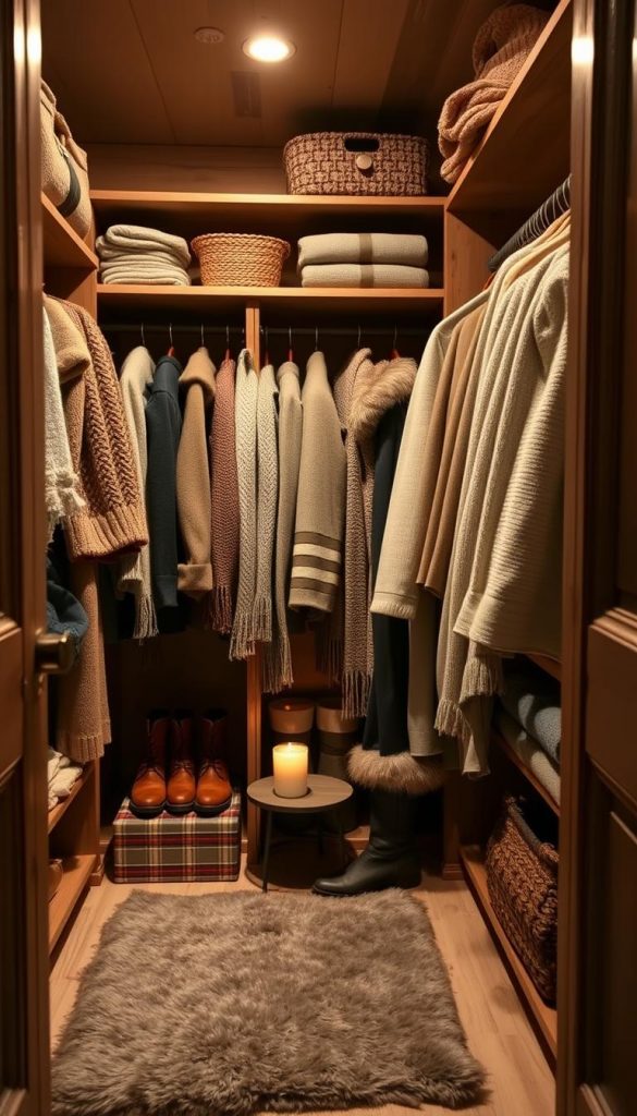 A neatly organized, cozy winter wardrobe in a rustic, wooden walk-in closet. Soft lighting illuminates natural textures like knitted sweaters, woolen scarves, and fur-lined boots. Shelves and hangers display a curated collection of neutral-toned, seasonally appropriate clothing. A plush rug and a small side table with a warm candle add to the inviting atmosphere. The overall impression is one of effortless, hygge-inspired style and efficient storage solutions, perfect for a serene, winter-ready bedroom. A neatly organized, cozy winter wardrobe in a rustic, wooden walk-in closet. Soft lighting illuminates natural textures like knitted sweaters, woolen scarves, and fur-lined boots. Shelves and hangers display a curated collection of neutral-toned, seasonally appropriate clothing. A plush rug and a small side table with a warm candle add to the inviting atmosphere. The overall impression is one of effortless, hygge-inspired style and efficient storage solutions, perfect for a serene, winter-ready bedroom.