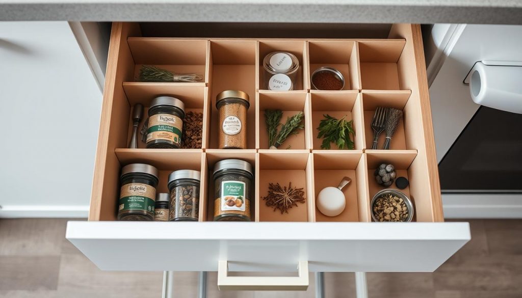 A neatly organized kitchen drawer filled with various compartments and dividers, crafted from sturdy cardboard in neutral tones of beige and white. The KlickKiste modular organizer system is prominently featured, its clean lines and minimalist design blending seamlessly with the warm wooden accents. Meticulously arranged spice jars, dried herbs, and small kitchen accessories create a visually appealing and functional display, showcasing the potential of a customizable DIY drawer organization solution. Soft, diffused lighting illuminates the scene, capturing the essence of a well-curated and efficiently organized kitchen storage space. A neatly organized kitchen drawer filled with various compartments and dividers, crafted from sturdy cardboard in neutral tones of beige and white. The KlickKiste modular organizer system is prominently featured, its clean lines and minimalist design blending seamlessly with the warm wooden accents. Meticulously arranged spice jars, dried herbs, and small kitchen accessories create a visually appealing and functional display, showcasing the potential of a customizable DIY drawer organization solution. Soft, diffused lighting illuminates the scene, capturing the essence of a well-curated and efficiently organized kitchen storage space.