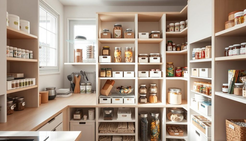 A neatly organized pantry with custom-made KlickKiste storage containers, showcasing an efficient DIY organization system. The beige and white shelves are adorned with various sized compartments, perfectly suited for spice jars, canned goods, and dry ingredients. Warm wooden accents complement the minimalist aesthetic, creating a cozy, inviting atmosphere. Soft natural light filters through the windows, illuminating the well-planned layout and highlighting the attention to detail. This image captures the essence of a kitchen that has been thoughtfully reorganized, serving as an inspirational visual for the "Bestandsaufnahme & Planen: Platz, Größe, Fächer clever nutzen" section of the article. A neatly organized pantry with custom-made KlickKiste storage containers, showcasing an efficient DIY organization system. The beige and white shelves are adorned with various sized compartments, perfectly suited for spice jars, canned goods, and dry ingredients. Warm wooden accents complement the minimalist aesthetic, creating a cozy, inviting atmosphere. Soft natural light filters through the windows, illuminating the well-planned layout and highlighting the attention to detail. This image captures the essence of a kitchen that has been thoughtfully reorganized, serving as an inspirational visual for the "Bestandsaufnahme & Planen: Platz, Größe, Fächer clever nutzen" section of the article.