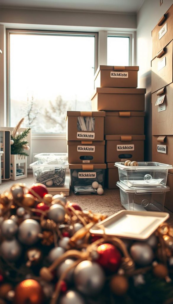 A neatly organized storage area with stacked boxes labeled &quot;KlickKiste&quot;, softly lit by warm, natural lighting. In the foreground, a jumbled pile of ornaments and tangled strings hint at common storage mistakes. The middle ground showcases improperly sealed containers and haphazardly placed silica gel packets. In the background, a cozy winter scene with a snow-covered landscape sets the mood. The overall composition has a Pinterest-inspired, DIY aesthetic with muted, earthy tones.