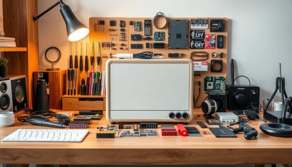 A neatly organized workspace showcases an array of DIY tools and components. In the foreground, a sleek and modern KlickKiste set in beige and white tones invites tinkerers to explore its contents. Surrounded by wooden accents and warm lighting, the scene evokes a cozy, creative atmosphere perfect for makers and tech enthusiasts. Carefully arranged in the middle ground, an assortment of soldering irons, resistors, and circuit boards hint at the limitless possibilities of hands-on projects. The background features a clean, minimalist backdrop, allowing the focus to remain on the captivating DIY kit and its associated gear. This image captures the essence of the "Geschenk Technik DIY Kit Weihnachten" section, inspiring readers to dive into the world of electronics and design.