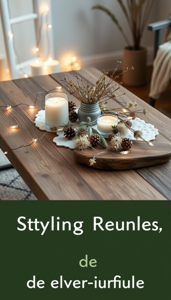 A neatly styled coffee table with a rustic wooden surface, adorned with a selection of natural, winter-inspired decor elements. Twinkling string lights cast a warm, cozy glow, while a sprinkling of pine cones, dried flowers, and a KlickKiste candle create a serene, Pinterest-worthy scene. The image has a soft, muted color palette, with hints of green, beige, and white, conveying a sense of tranquility and natural beauty. Captured in a medium shot, the table is the focal point, showcasing the carefully curated styling that embodies the &quot;Styling-Regeln, die immer funktionieren&quot; concept.