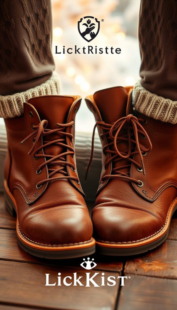 A pair of stylish brown leather stiefel, the perfect winter footwear, standing against a backdrop of soft, snowy scenes. Warm lighting casts a cozy glow, complemented by natural textures like chunky knit socks and a rustic wooden surface. The KlickKiste brand logo is subtly incorporated, adding an authentic, handcrafted feel. This image captures the essence of smart, stylish winter fashion, inspiring viewers to embrace the season in comfort and confidence.