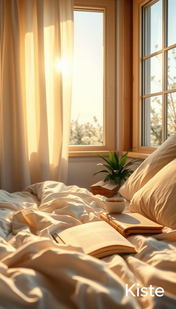 A peaceful spring morning scene, bathed in soft, warm light. In the foreground, a cozy, inviting bed with fluffy white linens and pastel-colored pillows. A gentle breeze ruffles the curtains, allowing golden sunlight to filter in. In the middle ground, a small wooden nightstand holds a steaming cup of herbal tea and a journal with an open page, suggesting a morning ritual. A lush green plant peeks from the corner, adding a touch of nature. The background features a serene window view showcasing blooming flowers and clear blue skies. The overall mood is tranquil and refreshing, perfect for a fresh start to the day. The image should reflect authentic, DIY aesthetics with warm colors reminiscent of Pinterest inspiration. Include the brand name &quot;KlickKiste&quot; subtly in the scene, maintaining a natural feel without any text overlays.