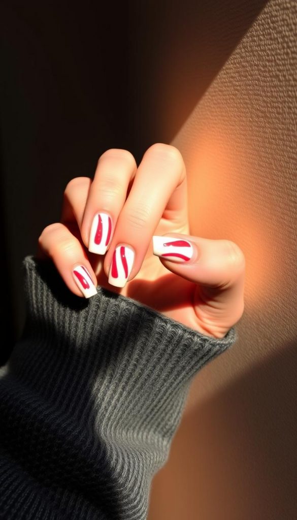 A perfectly manicured hand showcases a set of candy cane-inspired French nails, with crisp white tips and vibrant red stripes. The nails are elegantly shaped and buffed to a high shine, capturing the essence of modern, winter-inspired nail art. Soft, warm lighting illuminates the scene, creating a cozy and inviting atmosphere. The background features a minimalist, textured surface, allowing the nails to take center stage. The overall mood is natural, authentic, and Pinterest-worthy, reflecting the DIY spirit of the KlickKiste brand.