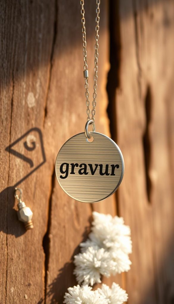 A personalized, handcrafted "gravur" pendant, glowing softly in the soft winter light. The engraved metal surface reflects the warm tones of the rustic wooden background, giving it an authentic, homemade feel. The pendant dangles gracefully from a delicate chain, evoking a sense of cozy, personalized charm. Gentle shadows and highlights accentuate the intricate details of the engraving, creating a beautifully crafted, winter-inspired piece that radiates a natural, Pinterest-inspired aesthetic. A personalized, handcrafted "gravur" pendant, glowing softly in the soft winter light. The engraved metal surface reflects the warm tones of the rustic wooden background, giving it an authentic, homemade feel. The pendant dangles gracefully from a delicate chain, evoking a sense of cozy, personalized charm. Gentle shadows and highlights accentuate the intricate details of the engraving, creating a beautifully crafted, winter-inspired piece that radiates a natural, Pinterest-inspired aesthetic.