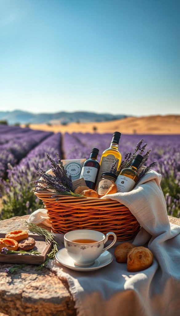 A picturesque Provence-inspired scene showcasing a beautifully arranged gift basket filled with artisanal goodies. In the foreground, the basket overflows with lavender, handmade soaps, locally harvested olive oil, and vintage-style French pastries. Surrounding the basket are warm, rustic wooden accents and fresh sprigs of rosemary. In the middle ground, a soft linen blanket drapes over a weathered stone table, with a delicate porcelain teacup, reflecting the warm sunlight that bathes the entire scene. The background features sun-drenched fields of lavender under a clear blue sky, with distant rolling hills. The image conveys a serene, inviting atmosphere, perfect for indulging in the flavors of Provence. The lighting is soft and golden, evoking a cozy, sunlit afternoon. This image represents the essence of "KlickKiste" and the joy of personal, luxurious gift-giving experiences.