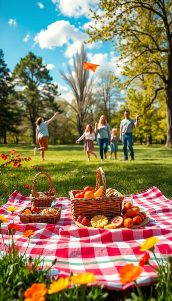A picturesque park scene showcasing a vibrant, checkered picnic blanket spread on lush green grass, surrounded by blooming flowers in warm spring colors. In the foreground, a beautifully arranged picnic setup features a wooden basket brimming with delicious snacks and fresh fruit. The middle ground reveals a cheerful family—two adults and two children—engaged in playful activities, such as flying a kite and tossing a frisbee, all dressed in modest casual clothing. The background features tall, leafy trees and blue skies with soft, fluffy clouds, enhancing the uplifting atmosphere. The lighting is warm and inviting, capturing the essence of a sunlit spring afternoon. The image has a natural DIY aesthetic, reflecting the "KlickKiste" brand, combining authenticity and inspiration for outdoor family fun.