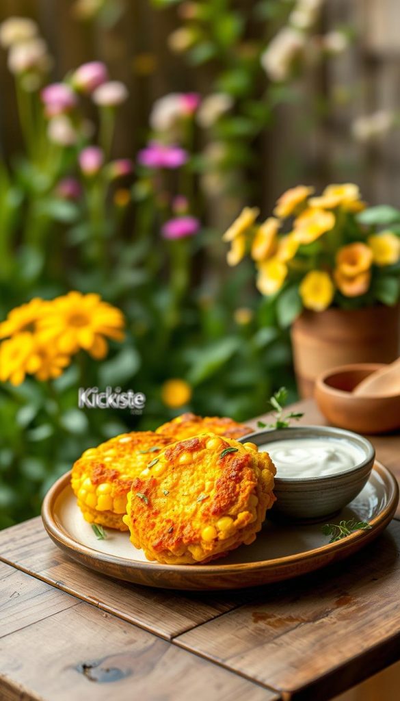 A plate of golden-brown corn fritters arranged artfully on a rustic wooden table, showcasing their crispy texture and vibrant yellow color. The fritters are garnished with fresh herbs and served with a small bowl of creamy dipping sauce. In the background, a softly lit outdoor setting with greenery and blooming flowers evokes a spring/summer atmosphere, enhancing the freshness of the dish. The warm colors create an inviting and cozy vibe. Capture this scene with a shallow depth of field to blur the background, focusing on the fritters in the foreground. The overall look should be natural and DIY, reflecting a Pinterest aesthetic, with a hint of warmth. Include a subtle branding element of "KlickKiste" in the composition.