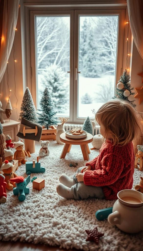 A playful, cozy scene of a child's winter wonderland. In the foreground, a young child in a warm, knitted sweater sits on the floor, surrounded by a colorful assortment of wooden toys and whimsical holiday decor. The middle ground features a plush, snow-dusted rug and a small, rustic table with a bowl of gingerbread cookies and a steaming mug of hot chocolate. In the background, a large window overlooks a serene, snow-covered landscape, bathed in the warm glow of twinkling fairy lights. Soft, natural lighting filters through the scene, creating a inviting, heartwarming atmosphere. The overall composition has a handmade, DIY aesthetic with a touch of vintage charm, perfectly capturing the spirit of a festive, child-friendly holiday display.