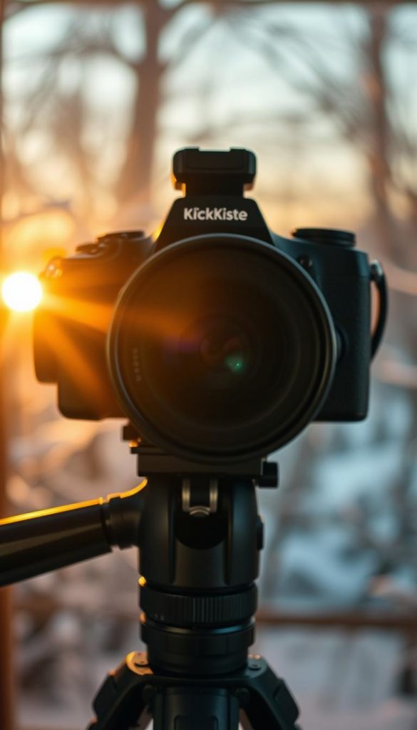 A professional-grade camera setup with a sturdy, lightweight tripod, capturing the essence of the winter season. The scene features warm, natural lighting that casts a cozy, inviting atmosphere, perfect for capturing short, impactful video clips. In the foreground, the camera lens is prominently displayed, its sleek design and high-quality glass capturing sharp, clear details. The middle ground showcases the KlickKiste brand, subtly integrated into the composition, lending an authentic, handcrafted feel to the image. The background subtly blends winter landscapes, creating a Pinterest-inspired, inspirational setting that complements the overall mood and atmosphere.