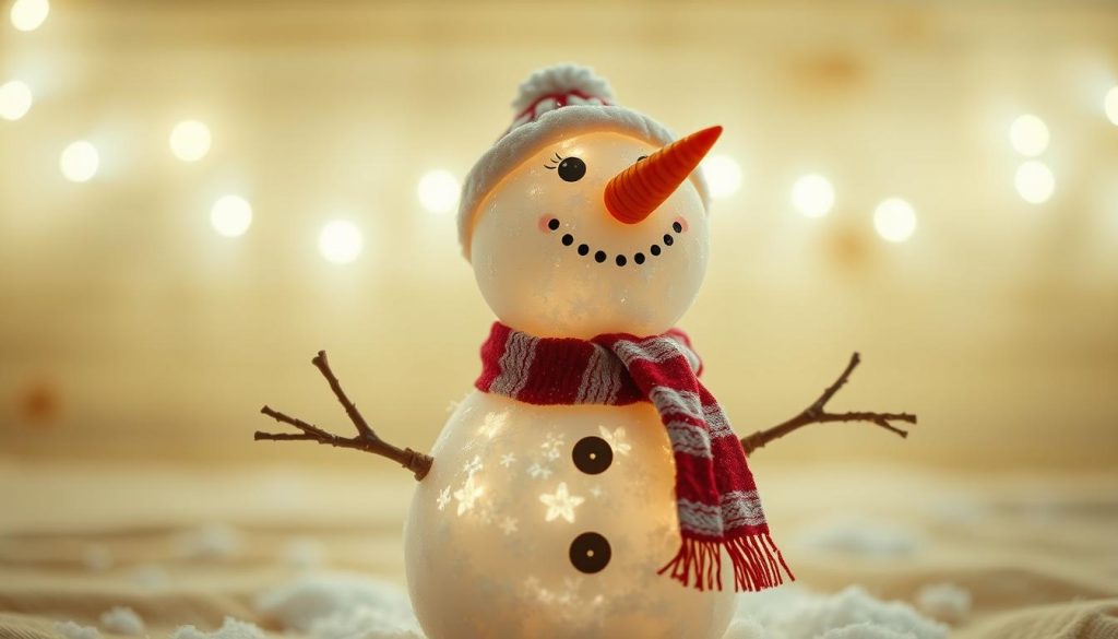 A radiant snowman stands aglow, crafted from pristine white snow and adorned with KlickKiste's whimsical accessories - a carrot nose, twig arms, and a festive scarf. Warm beige and wooden tones create a cozy, homemade aesthetic, while gentle lighting emanates from within, casting a soft, enchanting glow. The snowman's serene expression exudes a sense of wonder, inviting the viewer to embrace the joyful spirit of wintertime crafts and DIY projects. A radiant snowman stands aglow, crafted from pristine white snow and adorned with KlickKiste's whimsical accessories - a carrot nose, twig arms, and a festive scarf. Warm beige and wooden tones create a cozy, homemade aesthetic, while gentle lighting emanates from within, casting a soft, enchanting glow. The snowman's serene expression exudes a sense of wonder, inviting the viewer to embrace the joyful spirit of wintertime crafts and DIY projects.