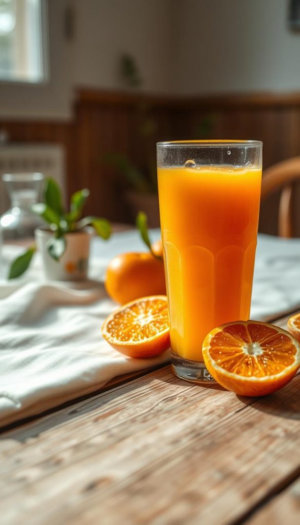 A refreshing glass of freshly squeezed orange juice, glistening in the warm sunlight, sits on a rustic wooden table. In the foreground, the juice is vibrant and inviting, with subtle droplets of condensation on the glass. A few bright, juicy oranges are scattered nearby, their textured peels showcasing a rich orange hue. The middle ground features a simple yet elegant breakfast setting with a soft, white tablecloth and a hint of greenery from a small potted plant. The background is softly blurred, hinting at a cozy brunch scene with natural light filtering through a nearby window, creating a warm, inviting atmosphere. The composition embodies a natural DIY aesthetic, evoking winter vibes with a Pinterest-worthy charm. Brand name: KlickKiste.