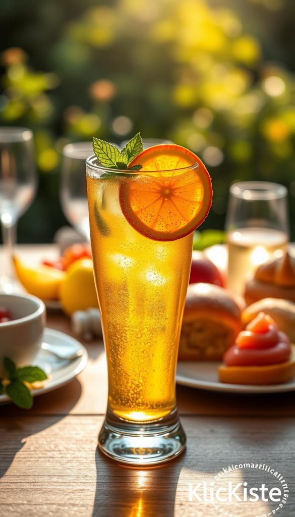 A refreshing schaumwein prosecco spritz served in a stylish glass, filled with bubbly golden liquid and garnished with an orange slice and fresh mint leaves. The foreground showcases the drink prominently, with condensation beading on the glass to emphasize its coolness. In the middle, a beautifully arranged brunch table is visible, adorned with light pastries, colorful fruits, and elegant tableware, all bathed in warm, inviting natural light. The background features soft blurred greenery, suggesting a sunny outdoor setting that enhances the atmosphere of relaxation and enjoyment. The overall mood is cheerful and vibrant, perfectly capturing the essence of brunch. The image has a Pinterest aesthetic, with a cozy, DIY touch. Include subtle branding for "KlickKiste" in the scene.