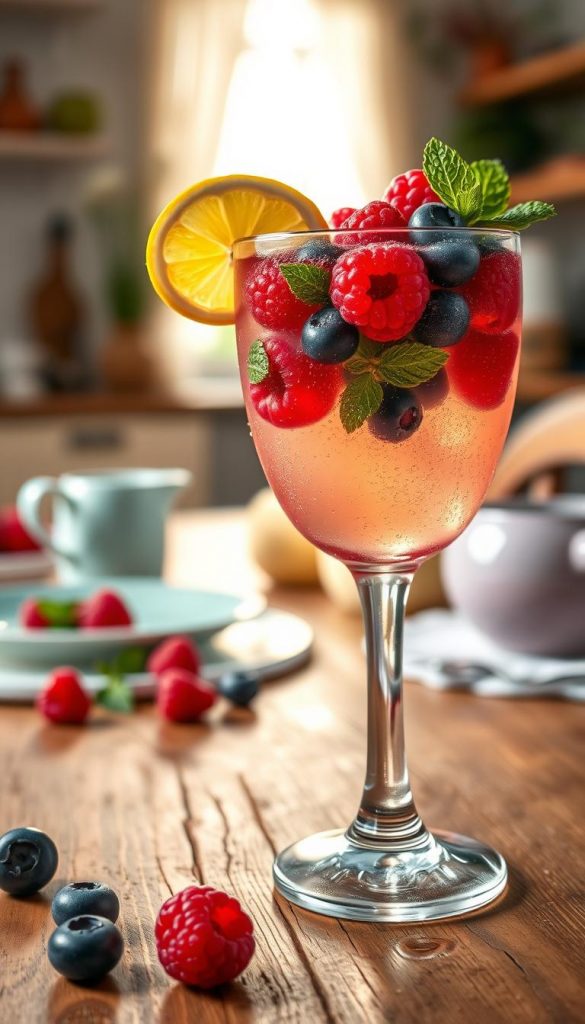 A refreshing wild berry mocktail served in a vintage glass, decorated with vibrant raspberries, blueberries, and mint leaves. The drink is garnished with a slice of lemon on the rim. The foreground features intricate details of the glass, with condensation droplets glistening under soft, warm lighting. In the middle ground, a rustic wooden table adorned with pastel-colored tableware sets a cozy brunch vibe. The background is softly blurred, showcasing a sunlit kitchen with light streaming through a window, highlighting an inviting atmosphere. The overall scene should evoke a sense of warmth and inspiration, capturing the essence of a joyful Muttertag brunch. Brand: KlickKiste.