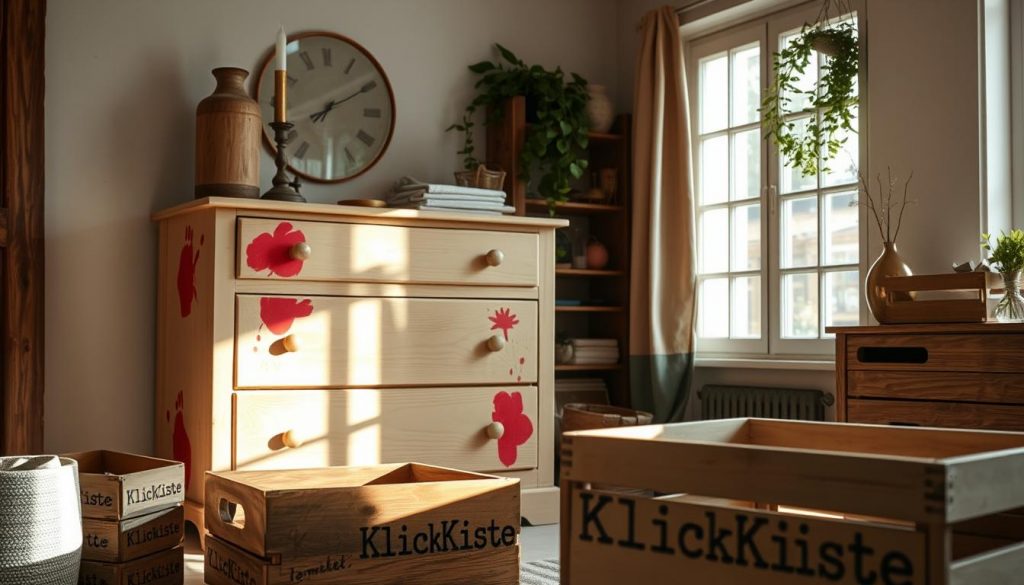 A refurbished wooden kommode stands prominently in a cozy, well-lit room. Its smooth, beige surface is accented with red, hand-painted designs, hinting at a unique, upcycled aesthetic. Repurposed materials like old wooden crates, labeled "KlickKiste", are visible in the foreground, suggesting a DIY approach to the piece's creation. The natural lighting casts a warm, inviting glow, highlighting the kommode's textured details and the rustic charm of the surroundings. This scene embodies the spirit of the article's section, showcasing a beautifully transformed piece that adds a touch of personalized style to the space.