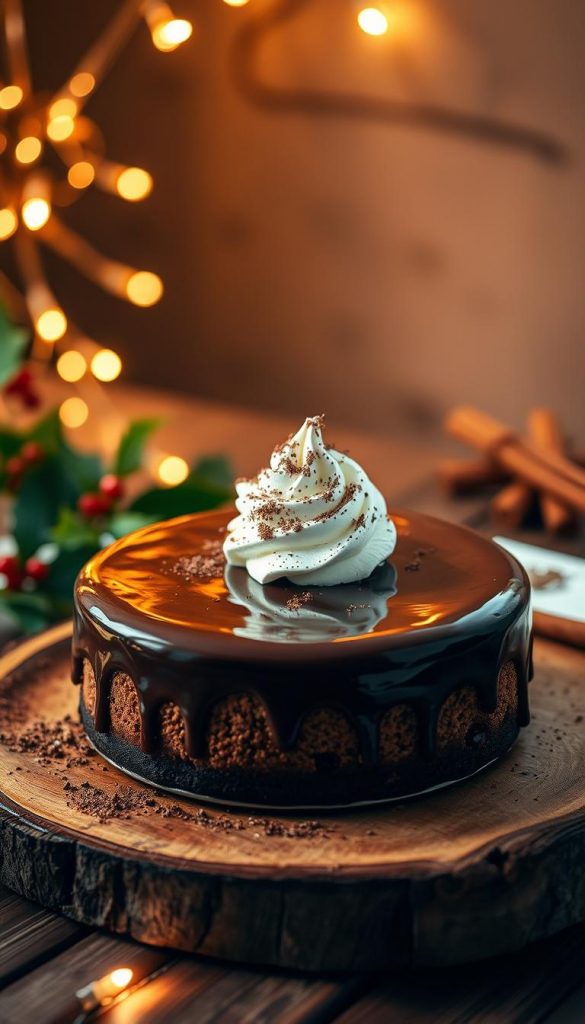 A rich, decadent chocolate cheesecake sits elegantly on a rustic wooden table, adorned with a delicate swirl of whipped cream and a sprinkle of cocoa powder on top. The cheesecake features a glossy chocolate ganache glaze that reflects warm, ambient light, creating an inviting glow. In the background, softly lit fairy lights twinkle, enhancing the cozy winter atmosphere. Surrounding the cheesecake are festive decorations, such as holly and cinnamon sticks, adding a touch of seasonal charm. The scene is captured with a shallow depth of field to emphasize the dessert, using a warm color palette that evokes feelings of celebration and indulgence. The image embodies a Pinterest-inspired aesthetic with a natural, DIY feel, perfectly portraying the joyful essence of New Year's Eve desserts for KlickKiste.