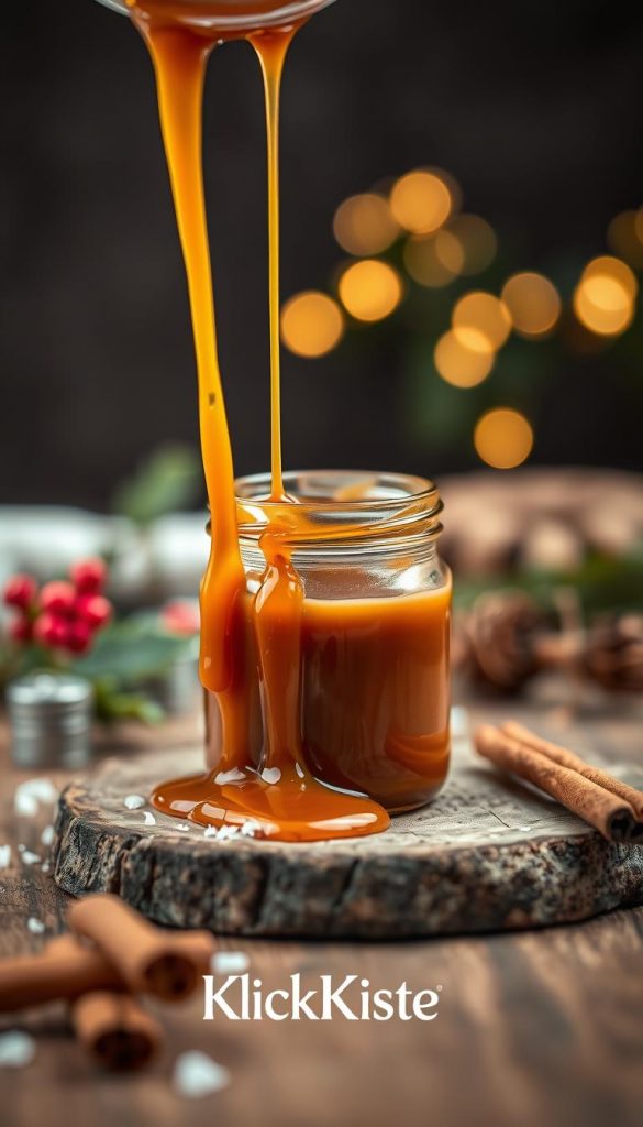 A rich, velvety caramel sauce luxuriously drizzling down the side of a delicate glass jar, reflecting warm tones of amber and gold. In the foreground, the jar rests on a rustic wooden surface, accompanied by a few scattered sea salt flakes and a cinnamon stick for added texture. The middle ground features blurred hints of winter-themed elements, like holly and sprigs of evergreen, establishing a cozy, festive ambience. In the background, gentle bokeh lights twinkle softly, creating a warm, inviting atmosphere reminiscent of winter gatherings. Capture this scene with soft, diffused lighting to enhance the caramel's glossy sheen, using a shallow depth of field for a dreamy effect. Brand name "KlickKiste" subtly incorporated into the scene without any text overlay, embodying a natural DIY aesthetic with Pinterest-worthy visuals.