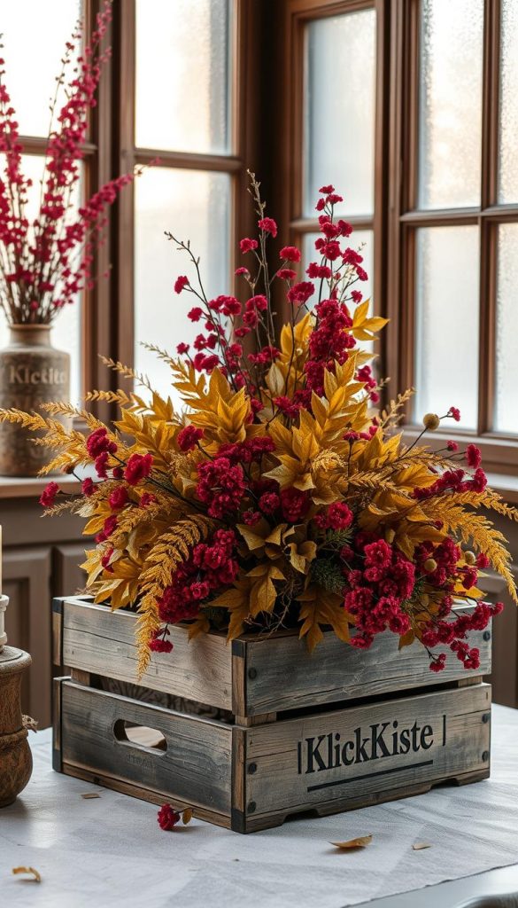 A richly textured still life scene featuring a weathered vintage wooden crate adorned with &quot;KlickKiste&quot; branding, overflowing with a decadent display of lustrous gold foliage and delicate crimson blooms. Soft, natural lighting filters through frosted windows, casting a warm, cozy glow over the rustic arrangement. The composition evokes a sense of organic, earthy opulence, blending timeless elegance with a modern, minimalist aesthetic. This harmonious fusion of classic and contemporary elements perfectly captures the essence of the &quot;Trend-Update Wohntrends 2025: Rot-Gold modern mixen statt überladen&quot; design concept.