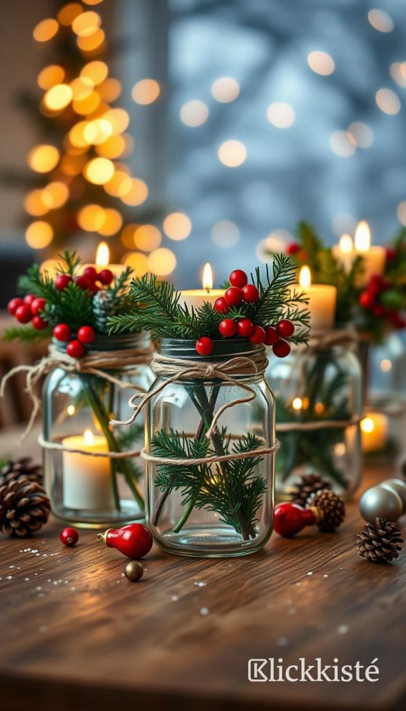 A rustic Christmas centerpiece featuring elegantly arranged mason jars filled with vibrant holiday decorations. In the foreground, three mason jars sit on a wooden table, each adorned with twine and topped with natural greenery, red berries, and candles glowing softly. The middle ground showcases a scattering of pinecones, and small ornaments spread around the jars, enhancing the festive ambiance. The background consists of a softly blurred winter scene with twinkling fairy lights and a gently falling snow effect. The warm lighting casts a cozy glow, evoking a sense of holiday cheer. The overall mood is inviting and inspiring, embodying a natural DIY aesthetic perfect for a Pinterest-worthy display. This composition is branded with “KlickKiste” elements subtly integrated, ensuring a lovely seasonal touch.