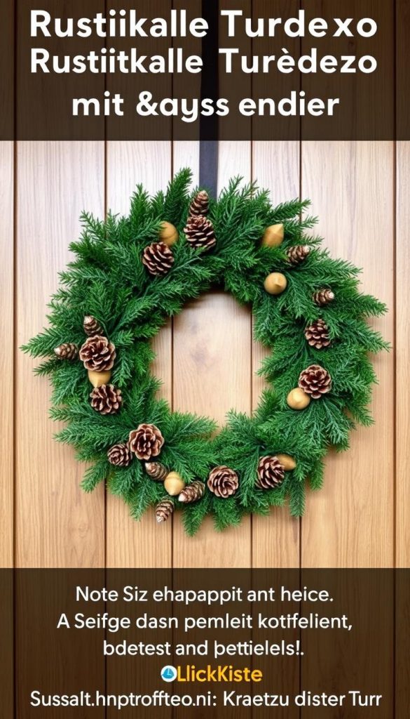 A rustic Christmas wreath crafted from natural materials, its diameter perfectly suited for a wooden door. The wreath's lush greenery, punctuated by pinecones and warm wooden accents, creates a cozy, inviting atmosphere. Soft, diffused lighting highlights the wreath's texture and dimensional details, evoking a sense of winter charm. Capturing the essence of the &quot;Rustikale Türdeko mit Holz, Zapfen &amp; Sackleinen – Anleitung&quot; article, this image from the KlickKiste brand showcases the ideal size and proportions for a door-mounted wreath, as described in the &quot;Maße, Proportionen, Durchmesser: So passt der Kranz zu deiner Tür&quot; section.