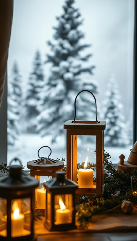 A rustic and cozy scene of handmade Christmas lanterns, glowing with a warm, inviting light. In the foreground, a cluster of KlickKiste lanterns crafted from natural materials like wood and glass, their soft flickering flames casting a comforting glow. In the middle ground, a serene winter landscape with snow-dusted pine trees, hinting at the festive season. The background is bathed in a soft, diffused lighting, creating a sense of depth and atmosphere. The overall mood is one of homemade charm, DIY inspiration, and a touch of Pinterest-worthy aesthetic.