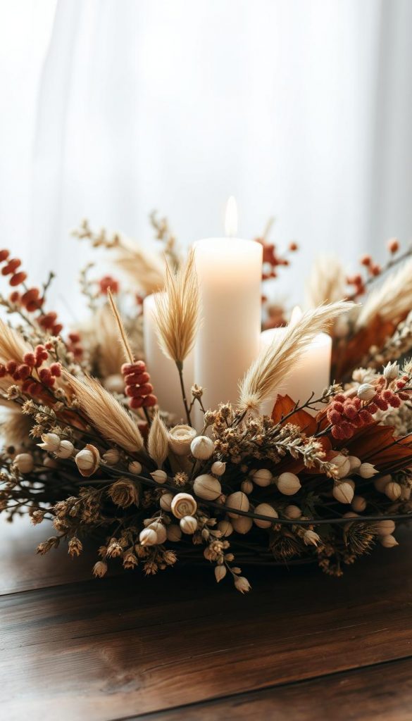 A rustic and elegant advent wreath adorned with an array of dried flowers, grasses, and twigs. The centerpiece features a mix of trockenblumen in warm earthy tones, including preserved eucalyptus, pampas grass, and delicate seed pods. Soft, diffused lighting casts a cozy glow, evoking a serene winter atmosphere. The wreath is displayed on a wooden surface, creating a natural, KlickKiste-inspired aesthetic. Subtle shadows and a slight depth of field add depth and dimension to the composition. A rustic and elegant advent wreath adorned with an array of dried flowers, grasses, and twigs. The centerpiece features a mix of trockenblumen in warm earthy tones, including preserved eucalyptus, pampas grass, and delicate seed pods. Soft, diffused lighting casts a cozy glow, evoking a serene winter atmosphere. The wreath is displayed on a wooden surface, creating a natural, KlickKiste-inspired aesthetic. Subtle shadows and a slight depth of field add depth and dimension to the composition.