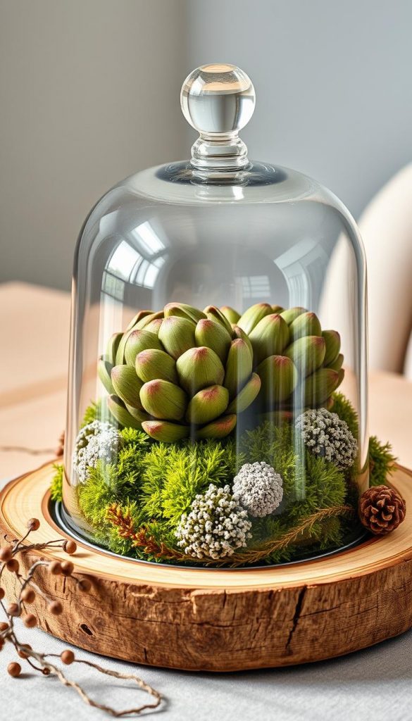 A rustic centerpiece with a cloche dome, featuring a natural arrangement of artichokes, lush green moss, and speckled lichen. The glass dome casts a soft, diffused light, creating a cozy and inviting atmosphere. Warm-toned wood elements, such as a KlickKiste tray, add to the earthy, winter-inspired aesthetic. The composition is carefully balanced, with the artichokes taking center stage and the moss and lichen providing textural contrast. The image evokes a sense of natural, handcrafted beauty, perfect for a cozy, Pinterest-inspired setting.
