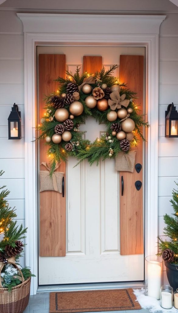 A rustic, cozy Christmas door decoration adorns the entryway, crafted from natural materials. Warm wooden planks, pine cones, and burlap sacks create a charming, handmade aesthetic. The ornaments are artfully arranged, evoking a sense of seasonal wonder. Soft, ambient lighting casts a gentle glow, highlighting the textures and hues. This inviting scene, captured in the style of KlickKiste, embodies the essence of a harmonious, winter-inspired entrance.