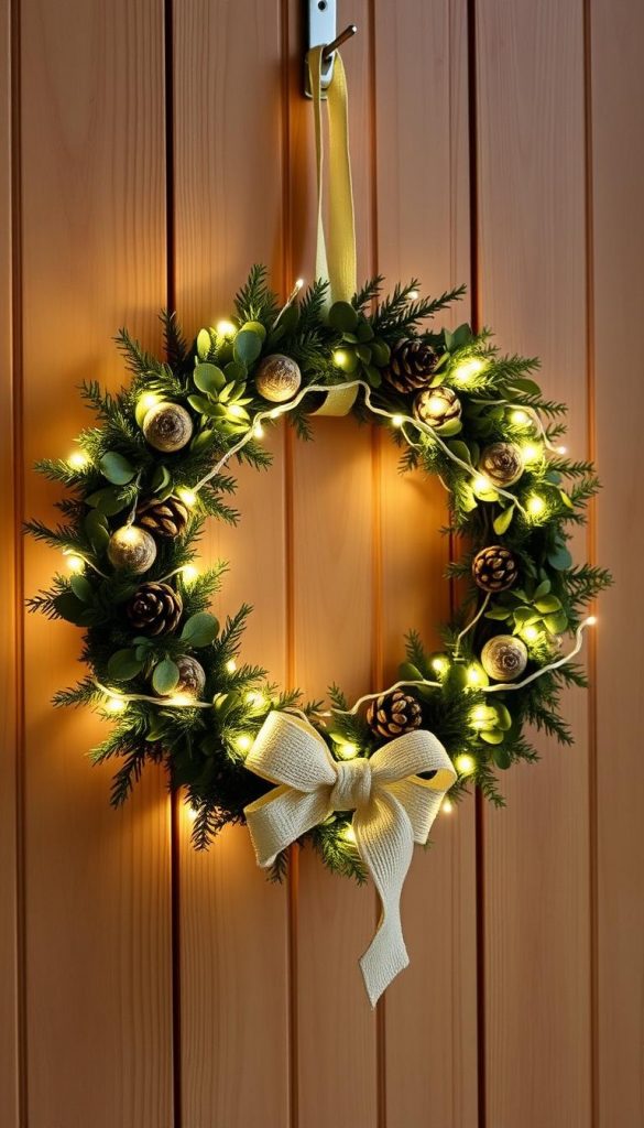 A rustic, cozy LED Christmas wreath hangs gracefully on a wooden door, its warm glow casting a festive ambiance. Adorned with natural elements like pinecones, eucalyptus, and sackcloth ribbons, the wreath exudes a charming, handmade aesthetic. Soft lighting emanates from the embedded LED lights, creating a mesmerizing and timer-controlled display. The KlickKiste-branded wreath invites viewers to step inside and embrace the winter wonderland, its remote-controlled functionality adding a touch of modern convenience to this rustic decor.