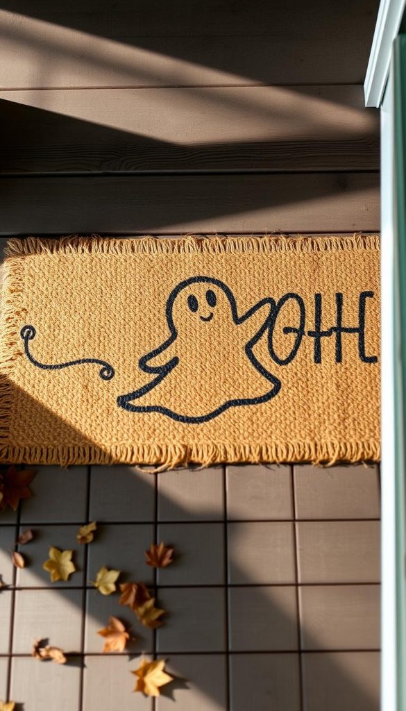 A rustic doormat made of natural fibers, such as jute or sisal, with a simple ghost silhouette motif. The design is hand-painted, with gentle brushstrokes and muted, earthy tones that evoke a cozy, autumnal atmosphere. The mat is placed on a weathered wooden porch or entryway, with a sprinkling of fallen leaves around it. Soft, diffused lighting from the side casts subtle shadows, creating a warm, inviting ambiance. The overall aesthetic is homemade, organic, and in harmony with the changing seasons, inspiring a sense of DIY creativity and festive charm.