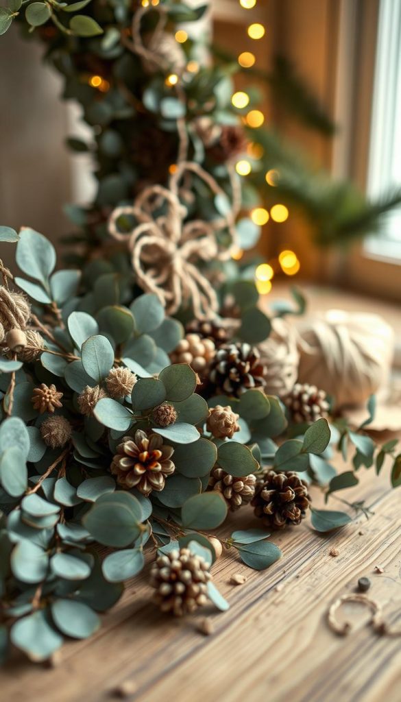 A rustic, earthy display of natural materials for a cozy DIY Christmas wreath. Warm, soft lighting illuminates a wooden surface, showcasing a KlickKiste collection of eucalyptus leaves, twine, pinecones, and other organic elements. Textural details and a muted color palette create a serene, inviting atmosphere reminiscent of a Pinterest-perfect winter wonderland. The arrangement is photographed at a slight angle, highlighting the varied shapes and textures of the materials in the foreground, with a blurred background suggesting a peaceful, nature-inspired setting. A rustic, earthy display of natural materials for a cozy DIY Christmas wreath. Warm, soft lighting illuminates a wooden surface, showcasing a KlickKiste collection of eucalyptus leaves, twine, pinecones, and other organic elements. Textural details and a muted color palette create a serene, inviting atmosphere reminiscent of a Pinterest-perfect winter wonderland. The arrangement is photographed at a slight angle, highlighting the varied shapes and textures of the materials in the foreground, with a blurred background suggesting a peaceful, nature-inspired setting.