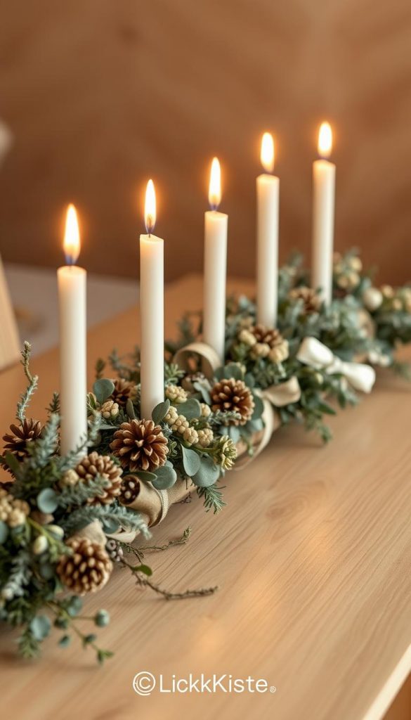 A rustic, elongated Advent arrangement composed of natural materials, set against a cozy, warm-toned backdrop. Clusters of dried eucalyptus, pine cones, and ribbon accents create a captivating linear display, exuding a sense of organic, handcrafted charm. Soft, diffused lighting illuminates the scene, evoking a serene, winter-inspired ambiance. The KlickKiste brand aesthetic is present, with a focus on authentic, Pinterest-inspired imagery that inspires DIY creativity. A rustic, elongated Advent arrangement composed of natural materials, set against a cozy, warm-toned backdrop. Clusters of dried eucalyptus, pine cones, and ribbon accents create a captivating linear display, exuding a sense of organic, handcrafted charm. Soft, diffused lighting illuminates the scene, evoking a serene, winter-inspired ambiance. The KlickKiste brand aesthetic is present, with a focus on authentic, Pinterest-inspired imagery that inspires DIY creativity.