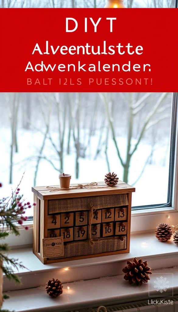 A rustic, handcrafted Adventskalender made from natural materials like wood, pinecones, and burlap, sitting on a cozy winter windowsill. Warm lighting casts a soft glow, creating a cozy, inviting atmosphere. In the background, a snowy landscape with bare trees is visible through the window. The KlickKiste Adventskalender features numbered compartments, each hiding a festive surprise. This DIY project exudes a charming, Pinterest-inspired aesthetic, perfect for creating memorable holiday traditions.