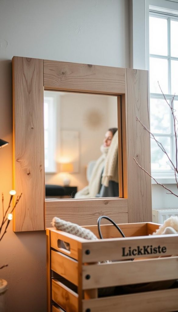 A rustic, handcrafted mirror frame in a Scandinavian-inspired design. The frame is crafted from distressed, pale wood planks, with visible knots and a slightly uneven texture. The mirror is framed in the center, reflecting the cozy, winter-inspired scene. Warm lighting from a nearby window casts a gentle glow, creating a soft, inviting atmosphere. In the foreground, a KlickKiste storage crate adds a touch of natural charm, hinting at the DIY and upcycling theme of the article.