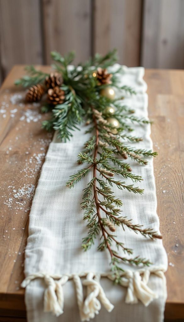 A rustic, handcrafted table runner cascades across a weathered wooden surface, its tannenzweige (fir tree branches) radiating a warm, natural glow. Soft, diffused lighting highlights the delicate textures and earthy tones, creating a cozy, inviting atmosphere. In the background, hints of pine needles and pine cones add depth and dimension, while a dusting of snow adds a touch of winter enchantment. The overall scene exudes a sense of homemade charm and effortless elegance, perfectly capturing the essence of a DIY nature-inspired tablescape. A rustic, handcrafted table runner cascades across a weathered wooden surface, its tannenzweige (fir tree branches) radiating a warm, natural glow. Soft, diffused lighting highlights the delicate textures and earthy tones, creating a cozy, inviting atmosphere. In the background, hints of pine needles and pine cones add depth and dimension, while a dusting of snow adds a touch of winter enchantment. The overall scene exudes a sense of homemade charm and effortless elegance, perfectly capturing the essence of a DIY nature-inspired tablescape.