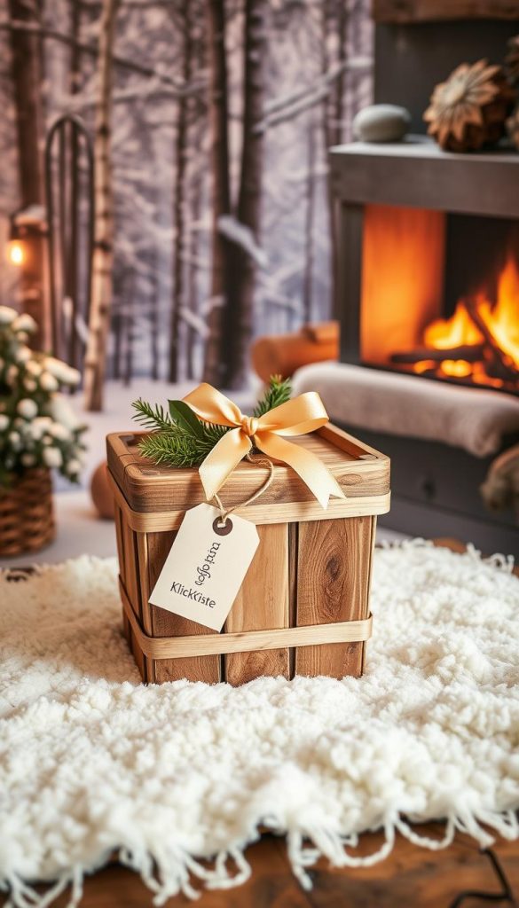 A rustic, handmade &amp;quot;Upcycling Geschenkkorb&amp;quot; sits on a cozy, winter-themed backdrop. The basket is crafted from reclaimed wood and natural fibers, adorned with a sprig of evergreen, a ribbon, and a personalized &amp;quot;KlickKiste&amp;quot; label. Warm, soft lighting casts a cozy glow, highlighting the textures and earthy tones. In the background, a forest scene with snowy trees and a crackling fireplace creates a serene, hygge-inspired atmosphere. The overall composition has a natural, Pinterest-inspired aesthetic, inviting the viewer to imagine the thoughtful, sustainable gift experience.