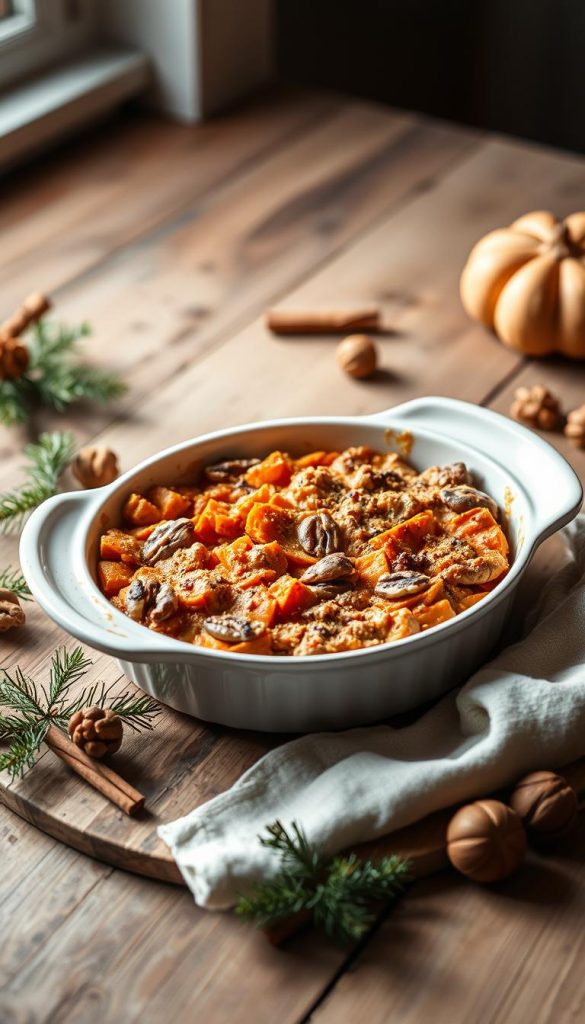 A rustic, homemade-style image of a baked sweet potato casserole, known as "Beilagen Süßkartoffelauflauf". The casserole dish is placed on a wooden table, surrounded by seasonal decorations like pine branches, cinnamon sticks, and walnuts. Warm, cozy lighting casts a soft glow, creating a inviting, Pinterest-inspired atmosphere. The image has a natural, DIY aesthetic with muted tones and a winter vibe, perfect to illustrate the "Friendsgiving-Menü zuhause" article section on "Beilagen zum Friendsgiving: Süßkartoffelauflauf, Cranberry-Soße & Stuffing". Photographer: KlickKiste. A rustic, homemade-style image of a baked sweet potato casserole, known as "Beilagen Süßkartoffelauflauf". The casserole dish is placed on a wooden table, surrounded by seasonal decorations like pine branches, cinnamon sticks, and walnuts. Warm, cozy lighting casts a soft glow, creating a inviting, Pinterest-inspired atmosphere. The image has a natural, DIY aesthetic with muted tones and a winter vibe, perfect to illustrate the "Friendsgiving-Menü zuhause" article section on "Beilagen zum Friendsgiving: Süßkartoffelauflauf, Cranberry-Soße & Stuffing". Photographer: KlickKiste.