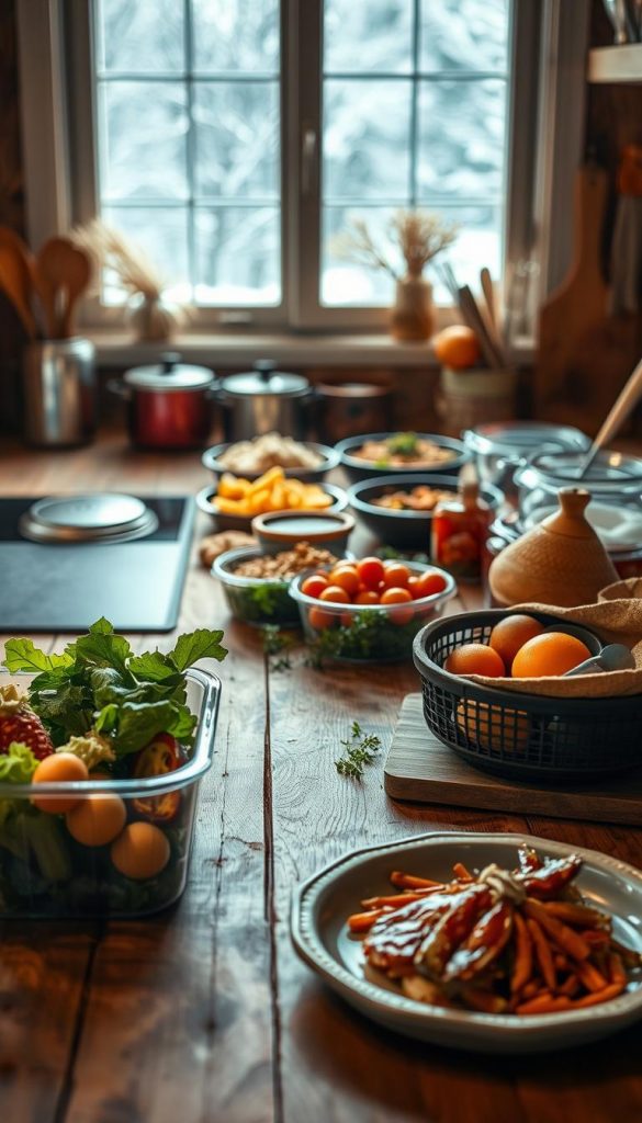 A rustic kitchen counter with an assortment of leftovers, freshly prepared dishes, and various cooking utensils. Warm lighting casts a cozy glow, complementing the earthy tones of the wooden surface. In the foreground, a KlickKiste filled with seasonal produce, inviting the viewer to repurpose ingredients for simple, yet delightful Thanksgiving-inspired recipes. The middle ground showcases a selection of prepared meals, hinting at the versatility of transforming holiday feast remnants into quick, nourishing weekday dishes. The background features a softly blurred window, framing a snowy winter landscape, evoking a sense of comfort and contentment. The overall atmosphere is natural, DIY-inspired, and Pinterest-worthy, capturing the essence of &quot;Resteverwertung &amp; Meal Prep&quot;.