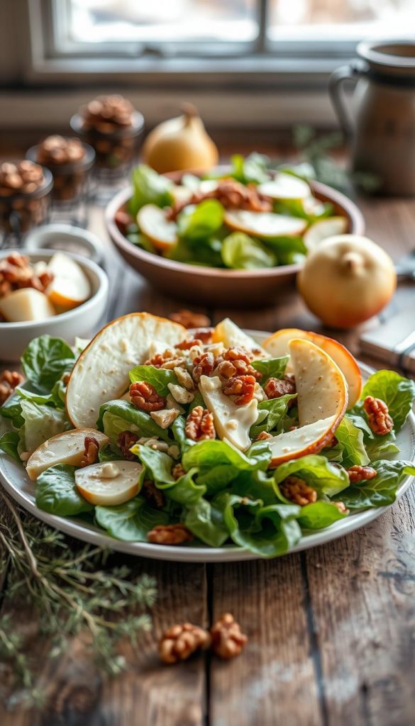 A rustic, seasonal salad scene featuring a mouthwatering Rosenkohlsalat (Brussels sprout salad) with sliced pears, candied walnuts, and a creamy dressing. The salad is artfully arranged on a wooden table, with a cozy winter atmosphere. Soft, natural lighting casts a warm glow, and the composition has a charming, handmade KlickKiste aesthetic. The salad appears fresh, vibrant, and inviting, perfectly capturing the &quot;Vorspeise mit Knack und Schmelz&quot; theme.