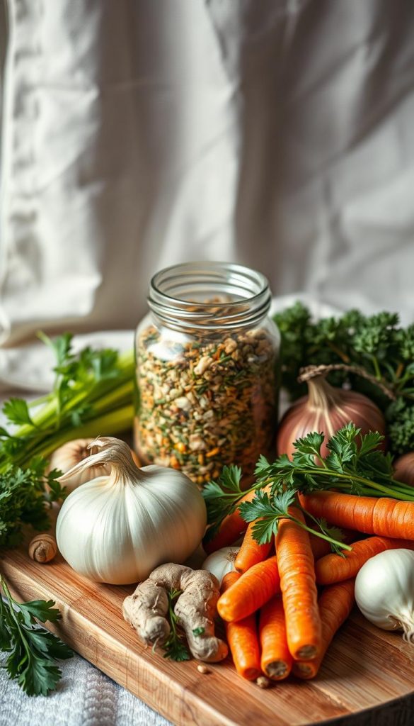 A rustic still life arrangement featuring an assortment of seasonal ingredients for a hearty chicken ginger soup. The foreground showcases an array of fresh vegetables and herbs, including onions, carrots, celery, ginger, and parsley, arranged on a wooden cutting board. In the middle ground, a glass jar filled with dried herbs and spices takes center stage, casting warm, soft lighting across the scene. The background features a cozy, natural linen textile, evoking a homey, winter-inspired atmosphere. The overall aesthetic has a handcrafted, KlickKiste-inspired look, with a muted color palette and gentle, diffused lighting to create a soothing, inviting impression.