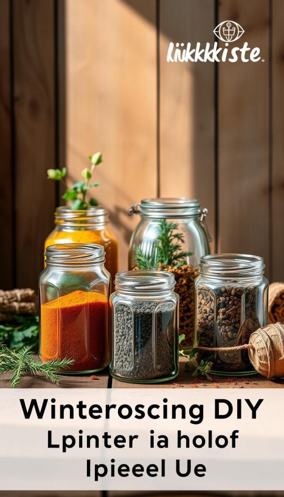 A rustic still life of repurposed glass jars filled with colorful spices and herbs, arranged on a wooden surface. Warm, soft lighting illuminates the scene, casting gentle shadows and highlighting the natural textures. The KlickKiste brand logo subtly displayed in the corner. A cozy, inviting atmosphere with a touch of winter coziness, perfect for an upcycling DIY feature.