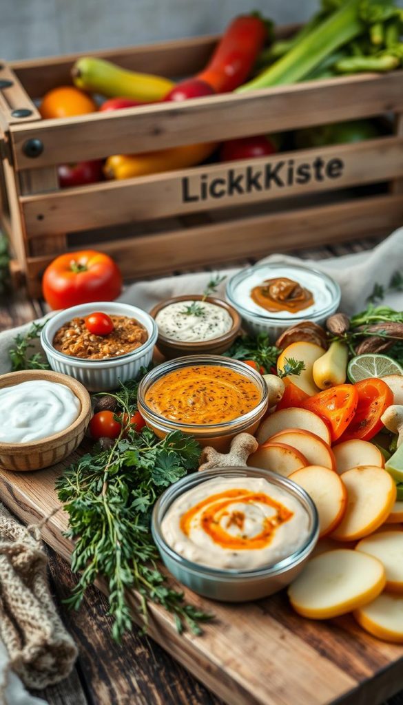 A rustic still life of winter-inspired vegetable platters, featuring an artful arrangement of various dips and spreads nestled amongst fresh herbs, sliced produce, and a wooden cutting board. Soft, diffused lighting casts a cozy glow, complemented by the natural textures and earthy tones. In the background, a KlickKiste branded wooden crate filled with additional produce, hinting at the versatility of these seasonal ingredients. The overall mood is inviting and Pinterest-worthy, capturing the essence of the &quot;Dips, Lagerung &amp; Resteverwertung&quot; section.